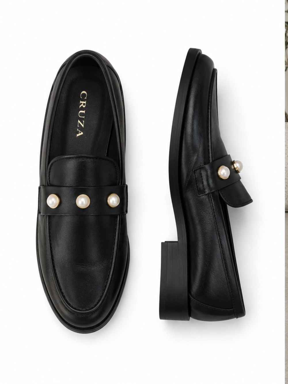 NWOT Cruza Black Leather Pearl Penny Flat Heel Loafers